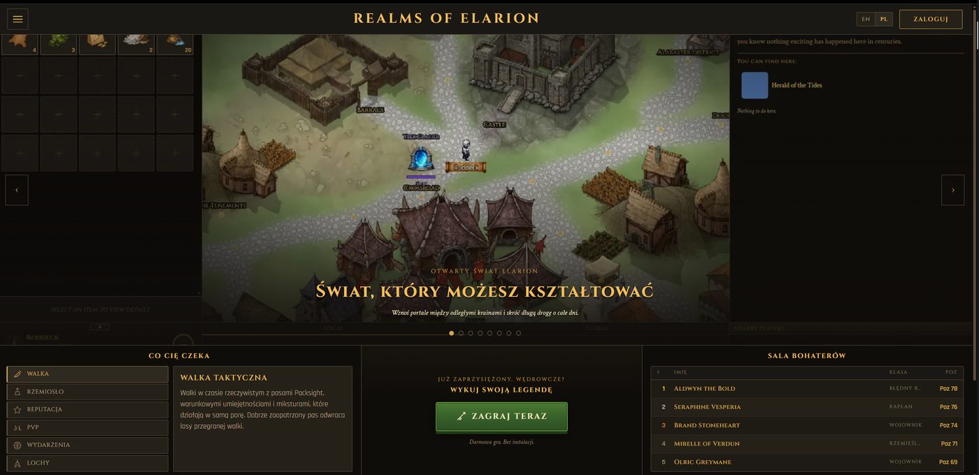 Realms of Elarion in a browser: an isometric town map with inventory and hero panels around it