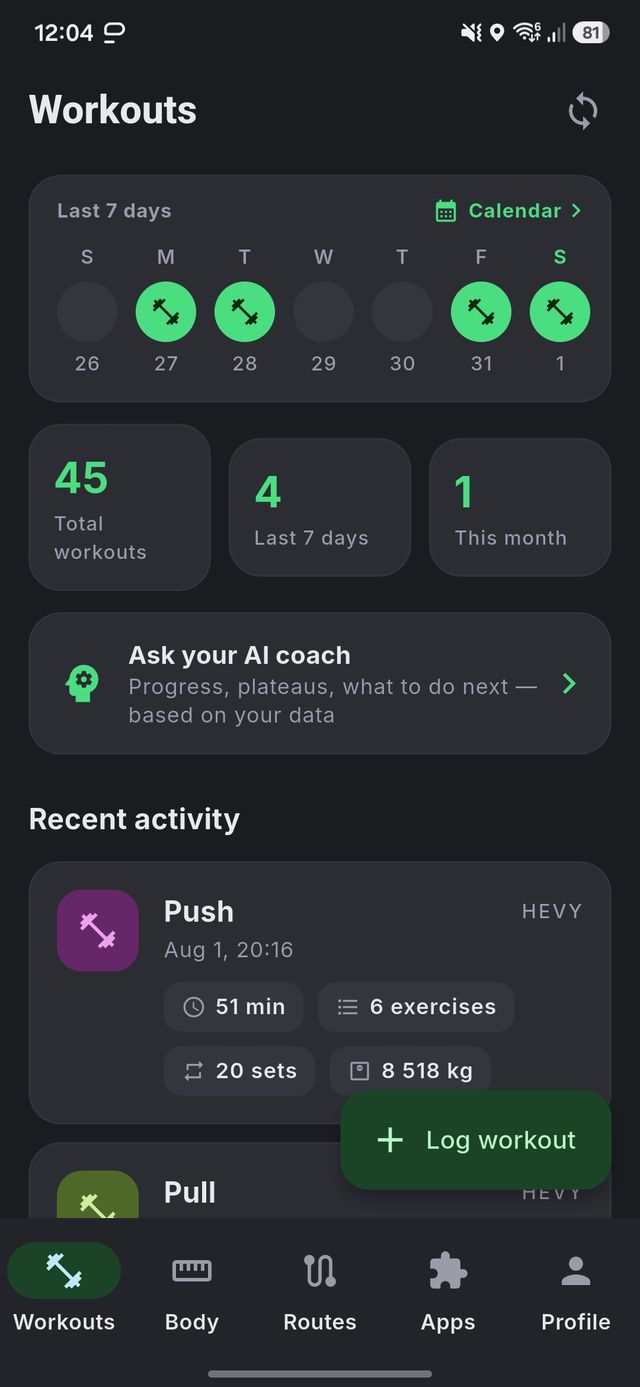 Hirdfit on a phone: a Workouts screen with the last seven days, totals, and an AI coach prompt