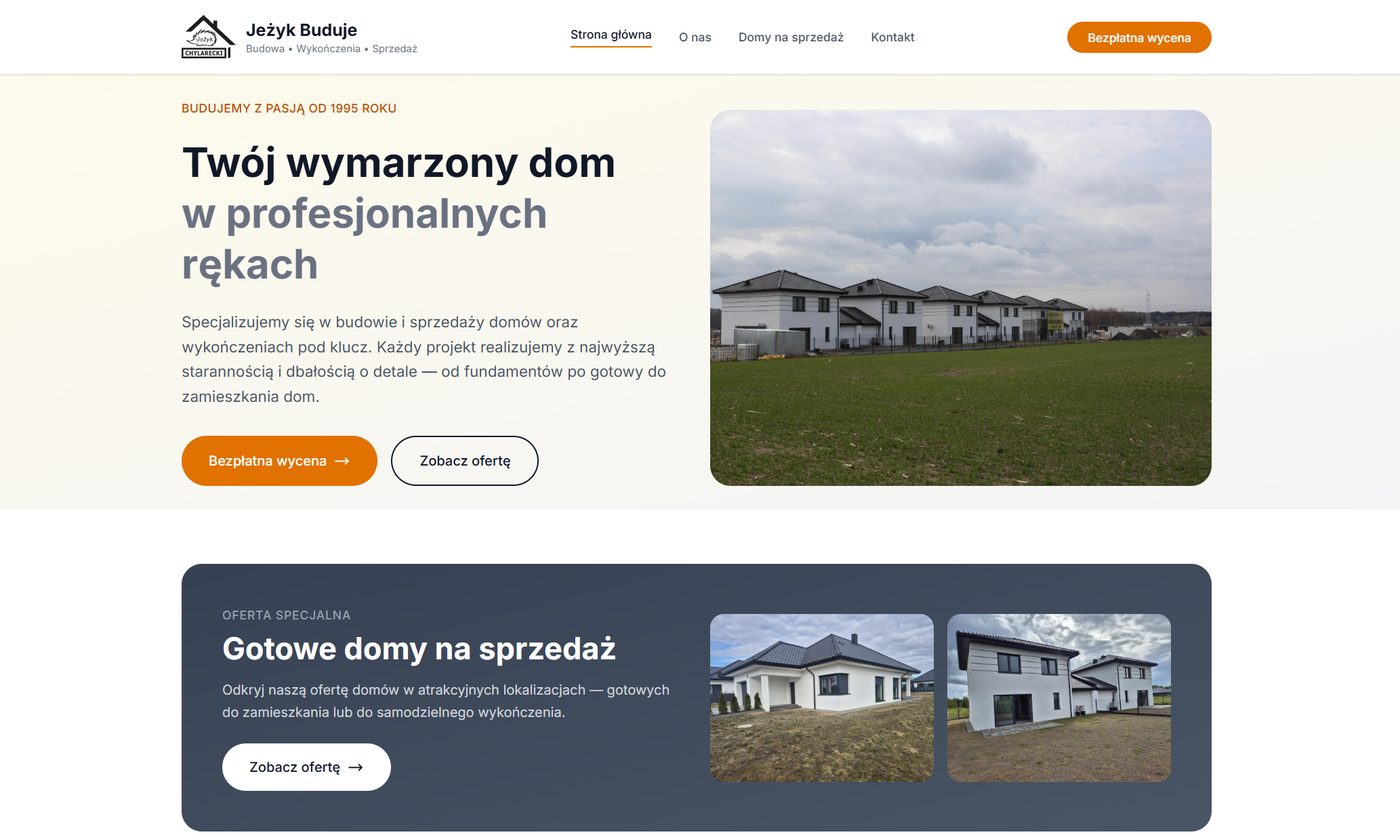The Jeżyk Buduje home page: the headline “Twój wymarzony dom w profesjonalnych rękach” beside a photo of finished houses